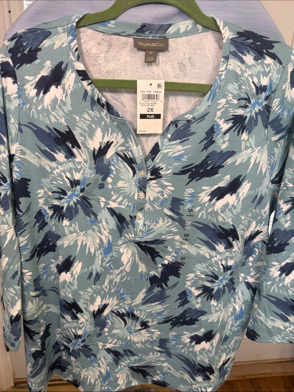 Style & Co. Plus Floral Henley Top in Teal, Navy and White